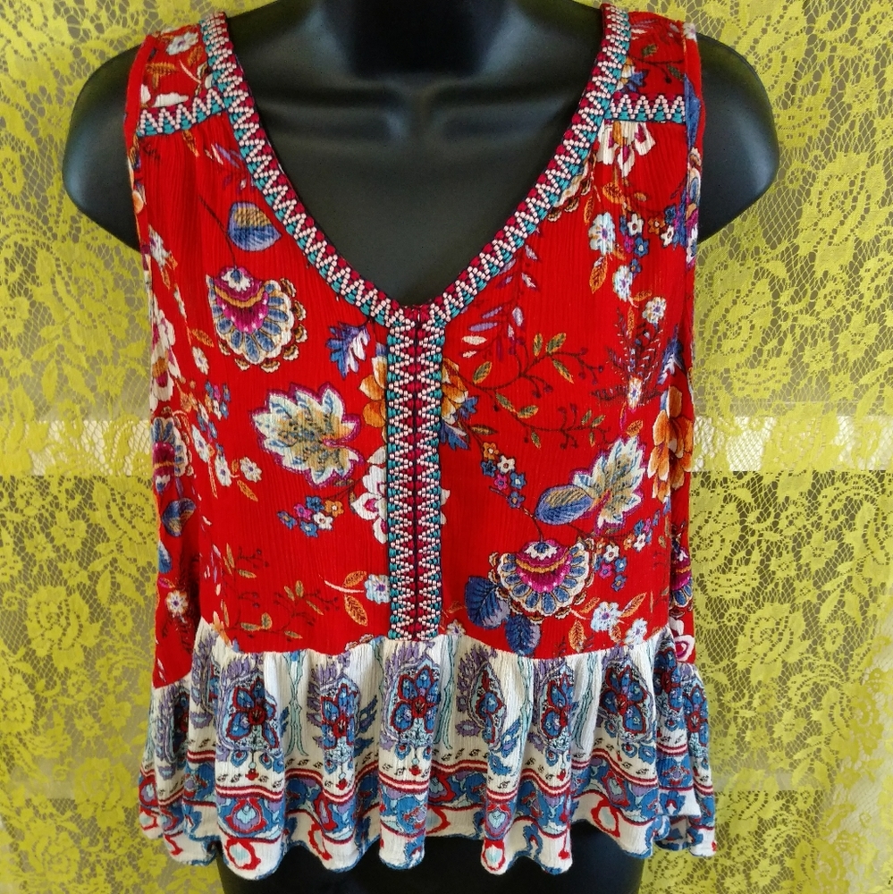 Paisley Floral Ruffle Bottom Peplum High-Low Tank Top